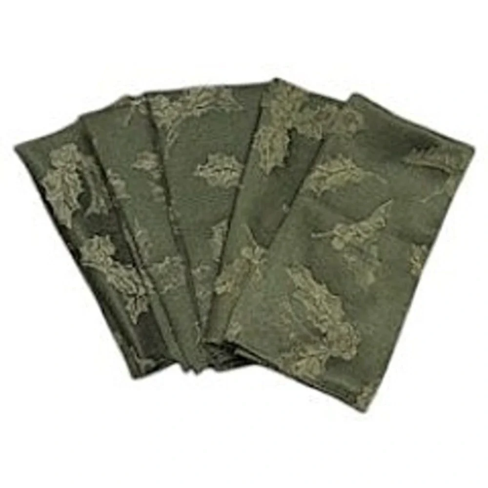 Holiday Jacquard Cloth Napkins Set of 5 Green Holly Leaves Christmas Linens